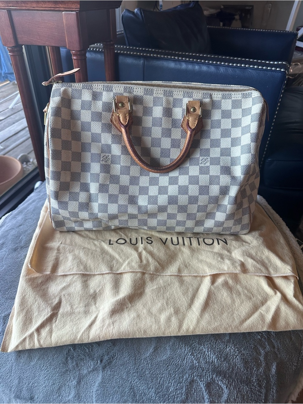 Louis Vuitton Damier Azur Satchel with Tan Leather Handles
